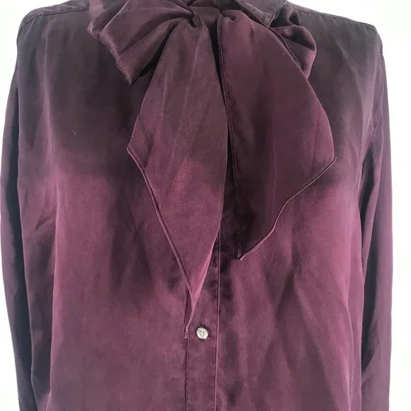 90's Vintage Ralph Lauren Eggplant Purple Silk Pussybow Button Up Blouse - Picture 6 of 12